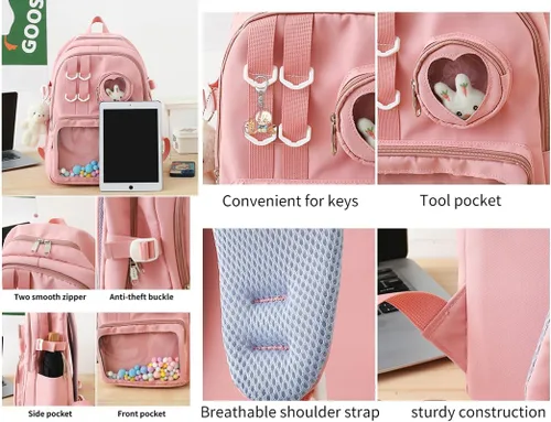 Vista 3 de Mochila Kawaii con bonitos accesorios de 15.6 pulgadas, bolsa de muñeca de oso estética, antirrobo, viaje, nuevo semestre, regalos, Rosado, Moderno