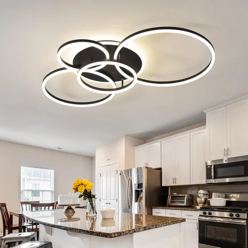 Vista 5 de Lámpara de techo LED moderna de 90W regulable con control remoto, 5 anillos, lámpara de techo empotrada, candelabro acrílico negro LED para sala