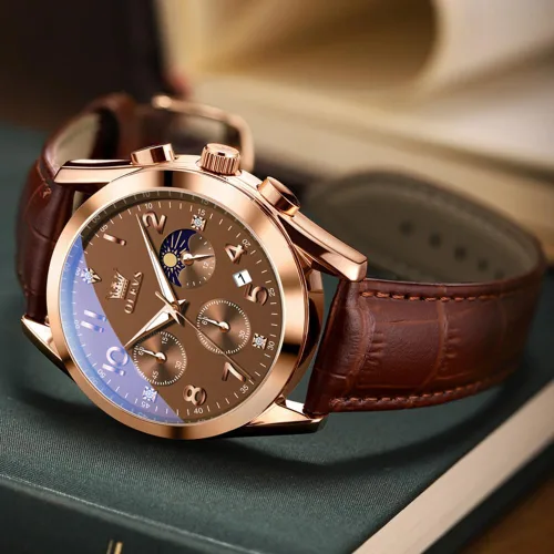 Vista 5 de OLEVS Relojes de hombre de cuero marrón con fecha, relojes casuales para hombre, relojes de cara grande para hombre, cronógrafo para hombre, reloj
