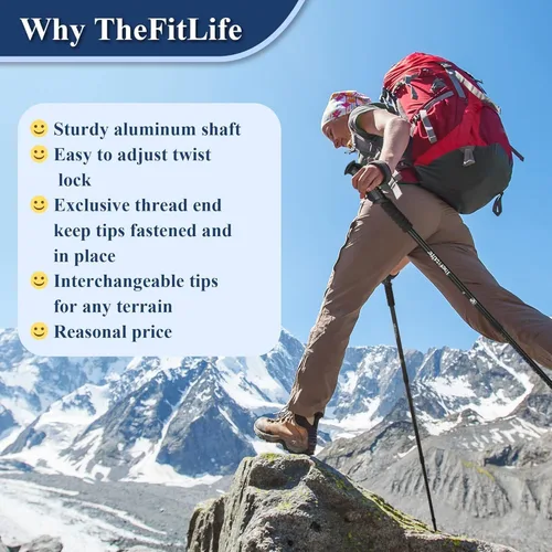 Vista 2 de TheFitLife Bastones de senderismo nórdicos – 2 palos con sistema antigolpes y bloqueo rápido, telescópico, plegable, ultraligero para senderismo