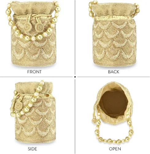 Vista 4 de Aheli Gold Potli - Bolsas de noche para mujer, bolso de mano étnico con cordón (P70G), Oro