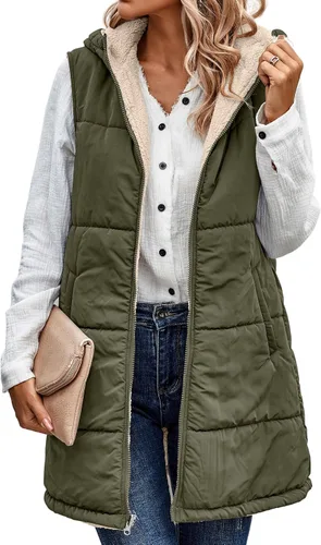 Vista 11 de ECOWISH Chaleco largo acolchado para mujer: chaqueta de forro polar reversible con cremallera para otoño 2025, abrigo de invierno cálido sin mangas