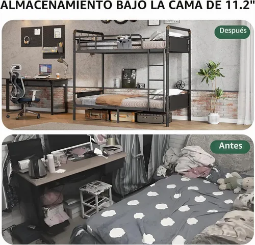 Vista 7 de Jocoevol Litera Doble sobre Doble, literas de metal resistente con escalera y barandilla de longitud completa, convertible en 2 camas individuales
