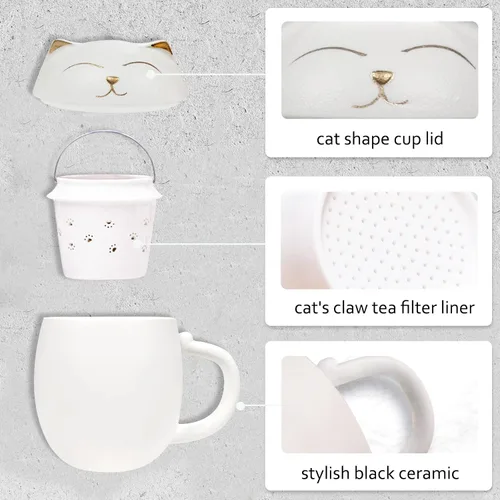 Vista 3 de Liywall - Taza de té de cerámica con infusor y tapa, diseño de gato hecho a mano de porcelana con estuche de almacenamiento portátil a prueba