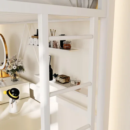 Vista 8 de ikalido - Cama tipo loft de metal, tamaño individual, con barandilla de seguridad y escalera, color blanco crema No necesita somier, muebles