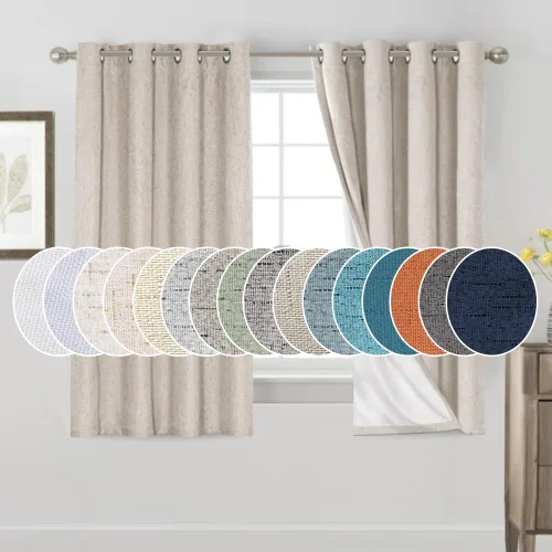 Vista 32 de Cortinas con textura de lino 100% opacas de 64 pulgadas de largo, juego de 2 paneles de cortinas de lino opacas con forro aislante térmico que Arena