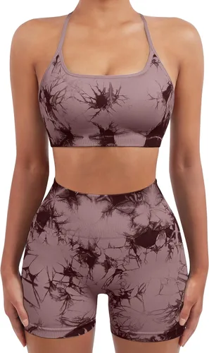 Vista 2 de SUUKSESS Conjuntos de Entrenamiento Sin Costuras para Mujer, Sujetador Deportivo con Tirantes, Shorts de Cintura Alta y con Realce de Glúteos