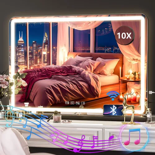 Vista 9 de Hasipu Espejo de tocador con luces, espejo LED de maquillaje de 31.5 x 22 pulgadas, espejo de maquillaje iluminado con 3 modos regulables, espejo