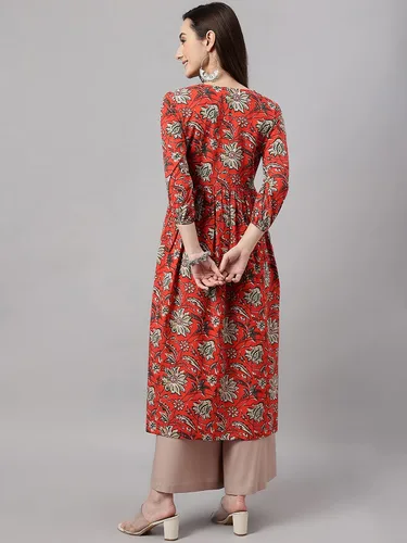 Vista 7 de Janasya Indian - Kurta de algodón naranja óxido con estampado floral para mujer