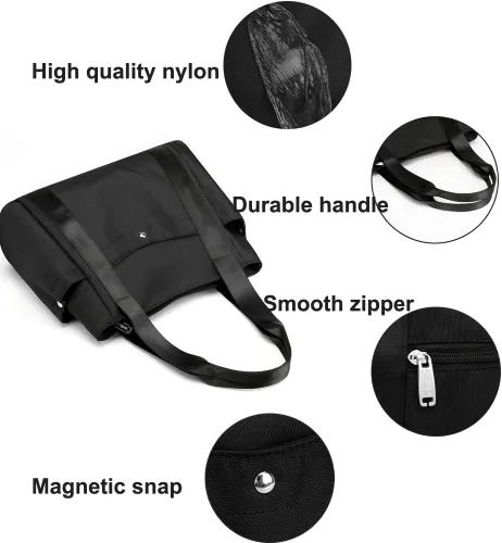 Vista 4 de Bolso de mano de hombro para mujer, impermeable, de nailon, con múltiples bolsillos, asa superior, bolsa de hombro para comprador