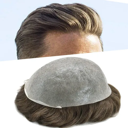 Vista 18 de Pieza de pelo para hombre, sistema de reemplazo de cabello de piel ultra fina para hombres, pieza de pelo de tupé para hombres, cabello humano real