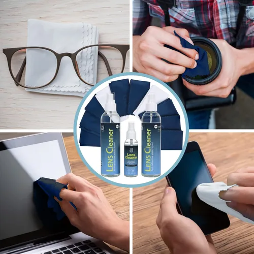 Vista 3 de Spray limpiador de lentes 2 botellas limpiadoras de lentes, con kit de 4 paños de microfibra, sin amoníaco y rayas, seguro para gafas y electrónicos