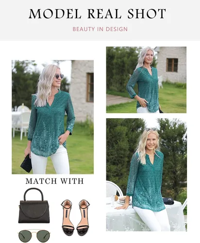 Vista 3 de Timeson Blusas de manga 34 para mujer, estilo casual, cuello en V, camisas de vestir de doble capa, túnicas de malla