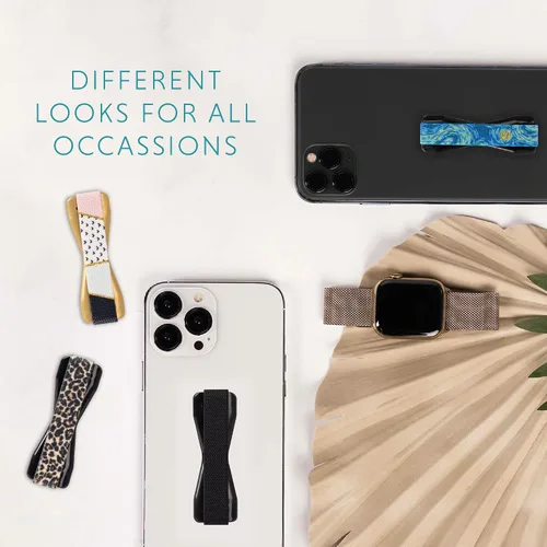 Vista 4 de LOVEHANDLE Agarre universal para la mayoría de teléfonos inteligentes, mini tabletas y fundas, correa elástica negra con base negra, paquete de 2