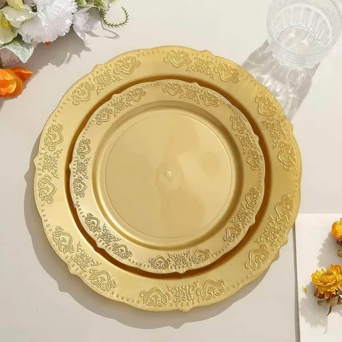 Vista 10 de Efavormart - Paquete de 10 platos desechables de 7 pulgadas transparentes con borde vintage burdeos, elegantes platos de postre de plástico