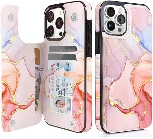 Vista 25 de uCOLOR - Funda tipo cartera para iPhone 15 con tarjetero y diseño de lunares con leche de almendra Bloqueo RFID de piel sintética para mujeres