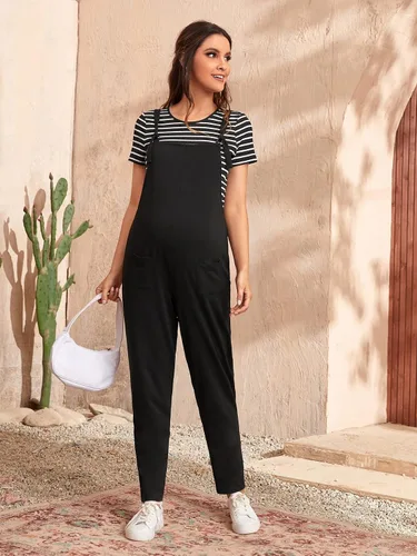 Vista 3 de OYOANGLE Conjunto de maternidad de 2 piezas para mujer, camiseta con cuello redondo y estampado a rayas