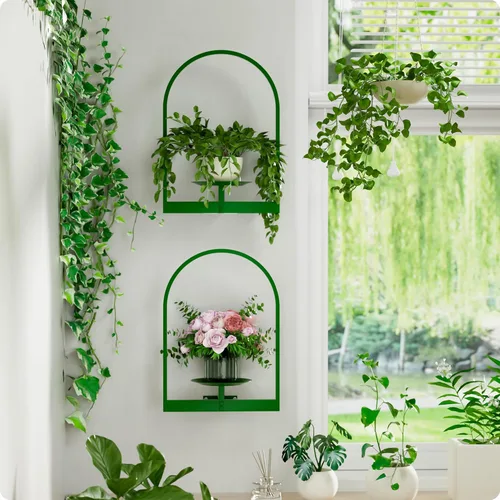 Vista 10 de Soporte para plantas de pared de metal negro, paquete de 2 soportes para plantas montados en la pared y soportes colgantes para macetas