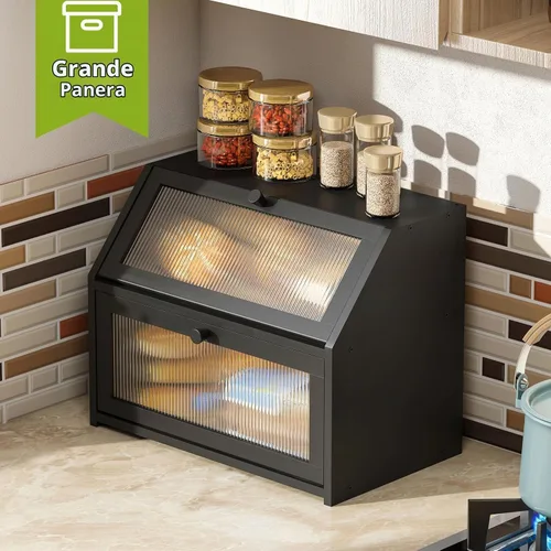 Vista 4 de BMOSU Panera grande de doble capa para encimera de cocina, almacenamiento de madera de bambú (negro)