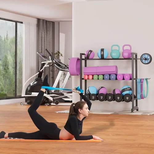 Vista 7 de Soporte ajustable de 3 niveles para mancuernas – Soporte de almacenamiento de peso de metal resistente para mancuernas, pesas rusas y más