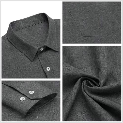 Vista 5 de COOFANDY Camisa casual con botones para hombre, camisa de cambray de lino de manga larga