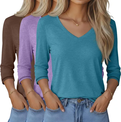 Vista 45 de Ficerd Paquete de 3 camisetas de manga 3/4 para mujer, cuello en V, blusas holgadas, blusas casuales, ropa de moda 2026