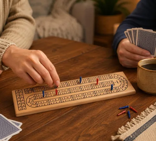 Vista 3 de Tabla de madera natural de 2 pistas con 6 clavijas de plástico, tablero de juego clásico con pistas impresas negras, almacenamiento de clavijas