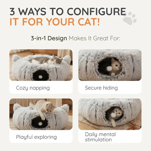 Vista 5 de Túnel Cama Cueva para Gatos con Juguetes de Catnip - Escondite Peekaboo para Gatos y Túnel Donut para Gatos - Túneles para Gatos 3-en-1 para Gatos