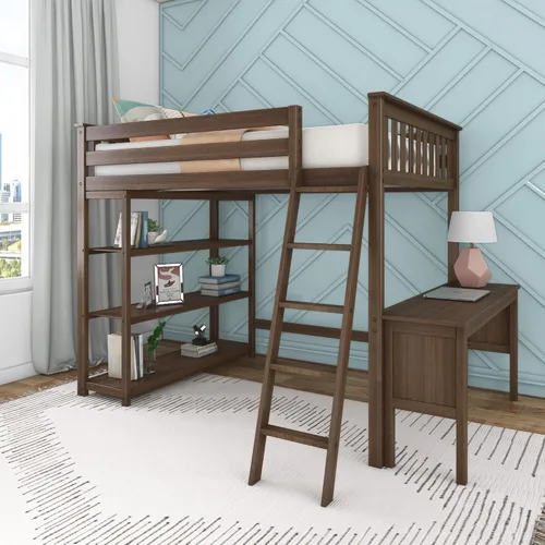 Vista 11 de Max & Lily Cama alta de tamaño matrimonial con estantería, arcilla, madera maciza, marco de cama moderno para niños/adolescentes, pino, acabado