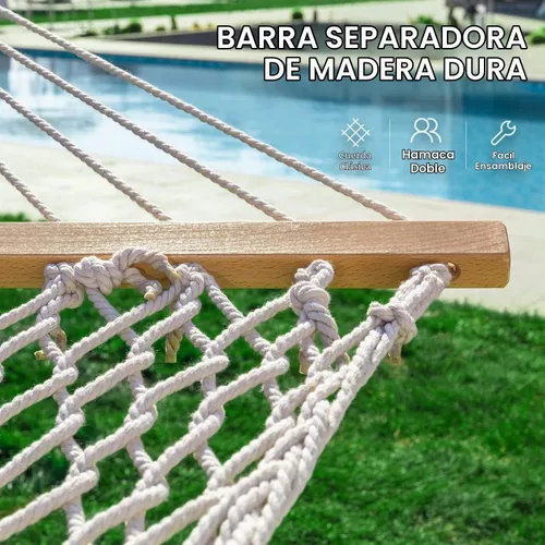 Vista 5 de PNAEUT Hamaca de doble cuerda con soporte incluido, soporte resistente de 12 pies, hamacas tradicionales de cuerda de algodón para 2 personas