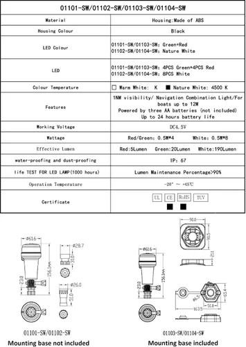 Vista 4 de Pactrade Marine Luces de navegación para barcos LED - Luces de navegación rojas y verdes alimentadas por batería para barcos - Adaptador y soportes