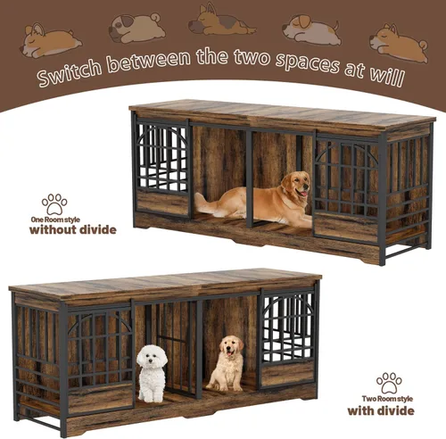 Vista 4 de Mueble de jaula doble para perros de 78 pulgadas, perrera extra grande para interiores con divisor, jaula resistente para perros para 2 perros, casa