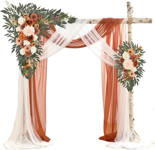 Vista 15 de Kit de flores para arco de boda con cortinas (paquete de 4) – 2 guirnaldas artificiales beige de lujo con 2 cortinas transparentes para ceremonia