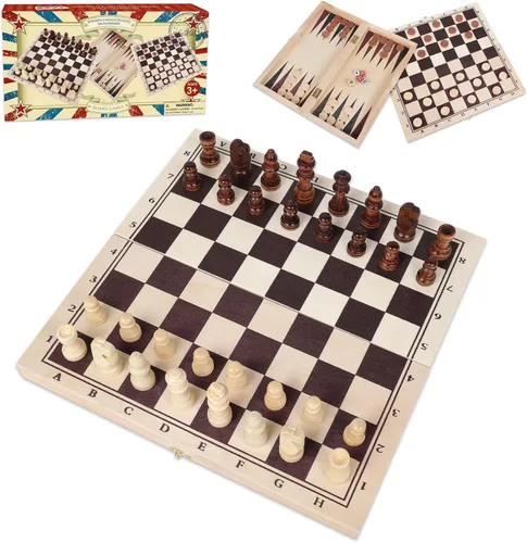 Vista 8 de GOTHINK Juego de mesa de ajedrez y damas de madera 2 en 1, juego clásico para niños y adultos, juego de ajedrez de 11 pulgadas, perfecto para viajes