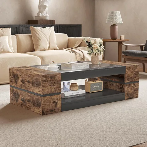 Vista 9 de HedoAjim Mesa de centro moderna y elegante de 47.2 pulgadas con parte superior de cristal, mesa grande para sala de estar, mesas centrales