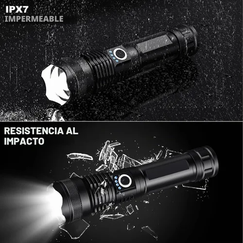 Vista 7 de Paquete de 3 linternas LED recargables de alto lumen, linterna súper brillante de 90,000LM, linterna potente ajustable de 5 modos con cable USB
