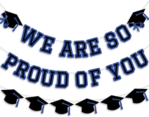 Vista 25 de Letrero con texto en inglés «We Are So Proud Of You», decoración de fiesta de graduación, guirnalda de tapa de felicitaciones, letrero de pared, Azul