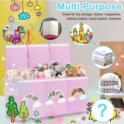 Vista 5 de Caja de juguetes extra grande, organizador de almacenamiento de juguetes con ventanas transparentes, caja de almacenamiento plegable para niños