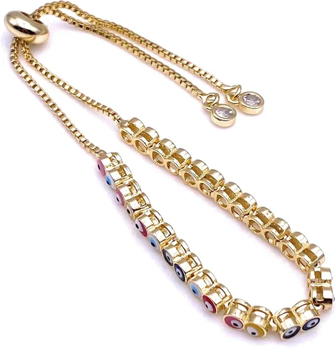 Vista 5 de LESLIE BOULES Pulsera multicolor con diseño de mal de ojo, chapada en oro de 18 quilates, joyería de protección de cadena ajustable, Vidrio, Chapado
