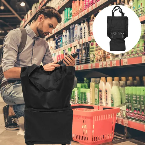 Vista 3 de FOMIYES Bolsa plegable de la carretilla Bolsa de compras plegable con ruedas Carrito de compras plegable Cajón de carro utilitario Negro