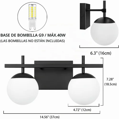 Vista 3 de Accesorios de iluminación de baño sobre espejo, luces de tocador negras para baño con vidrio esmerilado blanco, accesorios de iluminación de tocador