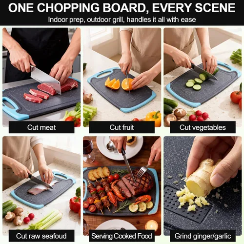 Vista 4 de Tabla de cortar de plástico, 3 tablas de cortar aptas para lavavajillas con ranuras para jugo, mango de fácil agarre, antideslizante, con área