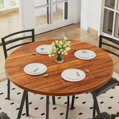 Vista 3 de VECELO Juego de mesa de comedor redonda para 4, mesa de madera y marco de acero resistente, comedor de 5 piezas con sillas para cocina, rincón