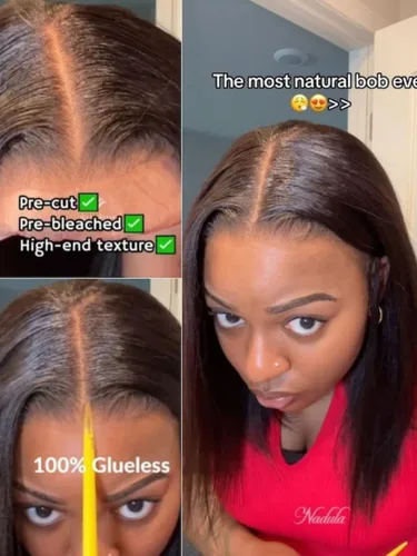 Vista 7 de Nadula Peluca de encaje Yaki de 10 pulgadas 13x4 HD con cordón – Peluca de cabello humano sin pegamento con cinta para las orejas, nudos invisibles