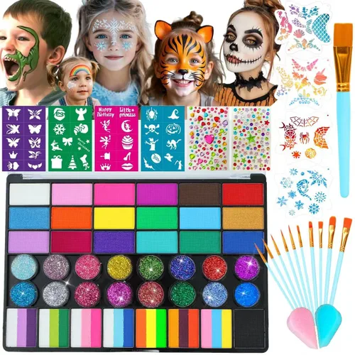 Vista 5 de Face Painting Kit, 12 Split Cake Face Paint Palette Makeup Kit Non-Toxic Water Activated with Brush, Sponge for Party Halloween (12 Split Cakes)