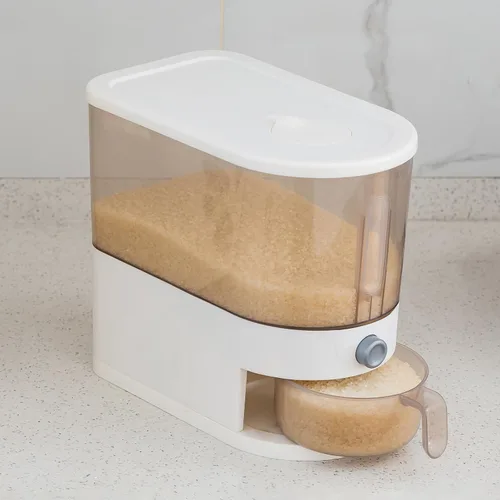 Vista 2 de Gagee Dispensador de arroz de 11 libras, gran contenedor de almacenamiento de granos con tapa, cilindro de medición a prueba de humedad, dispensador