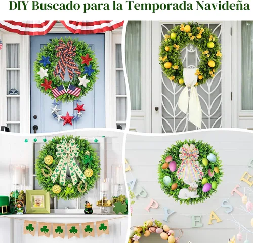 Vista 5 de DDHS Coronas de boj de 20 pulgadas para puerta delantera, corona de primavera artificial. Coronas para puerta delantera, granja, boda, verde, todo