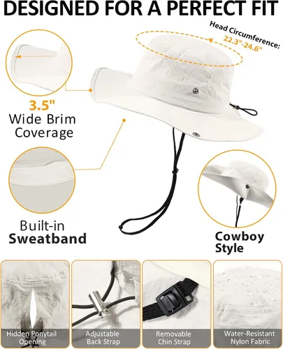 Vista 5 de Sombrero de sol para mujer con agujero para cola de caballo, ala ancha, UPF 50+, impermeable, plegable, con correa para la barbilla, para Blanco