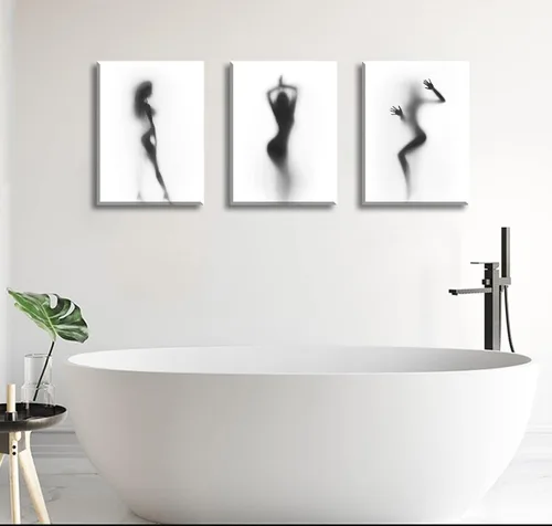 Vista 4 de Arte de pared para decoración de baño, 3 piezas, arte de pared en blanco y negro, pósteres sexys, impresión en lienzo, pintura de silueta nebulosa