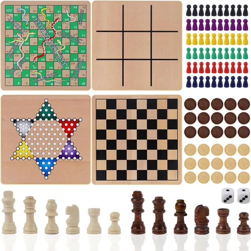 Vista 8 de Glintoper Juego de Mesa de Madera 5 en 1 con 2 Tableros Reversibles para Ajedrez, Damas, Damas Chinas, Serpientes y Escaleras, Tic Tac Toe, Combo